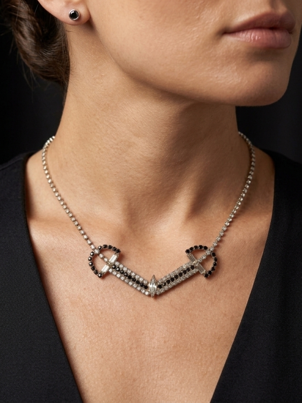 Vintage Mid-Century Silver Tone Black & Clear Rhinestone Choker Necklace 8"